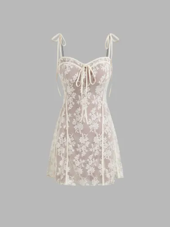 Lace Square Neck Floral Embroidery Knotted Mini Dress
