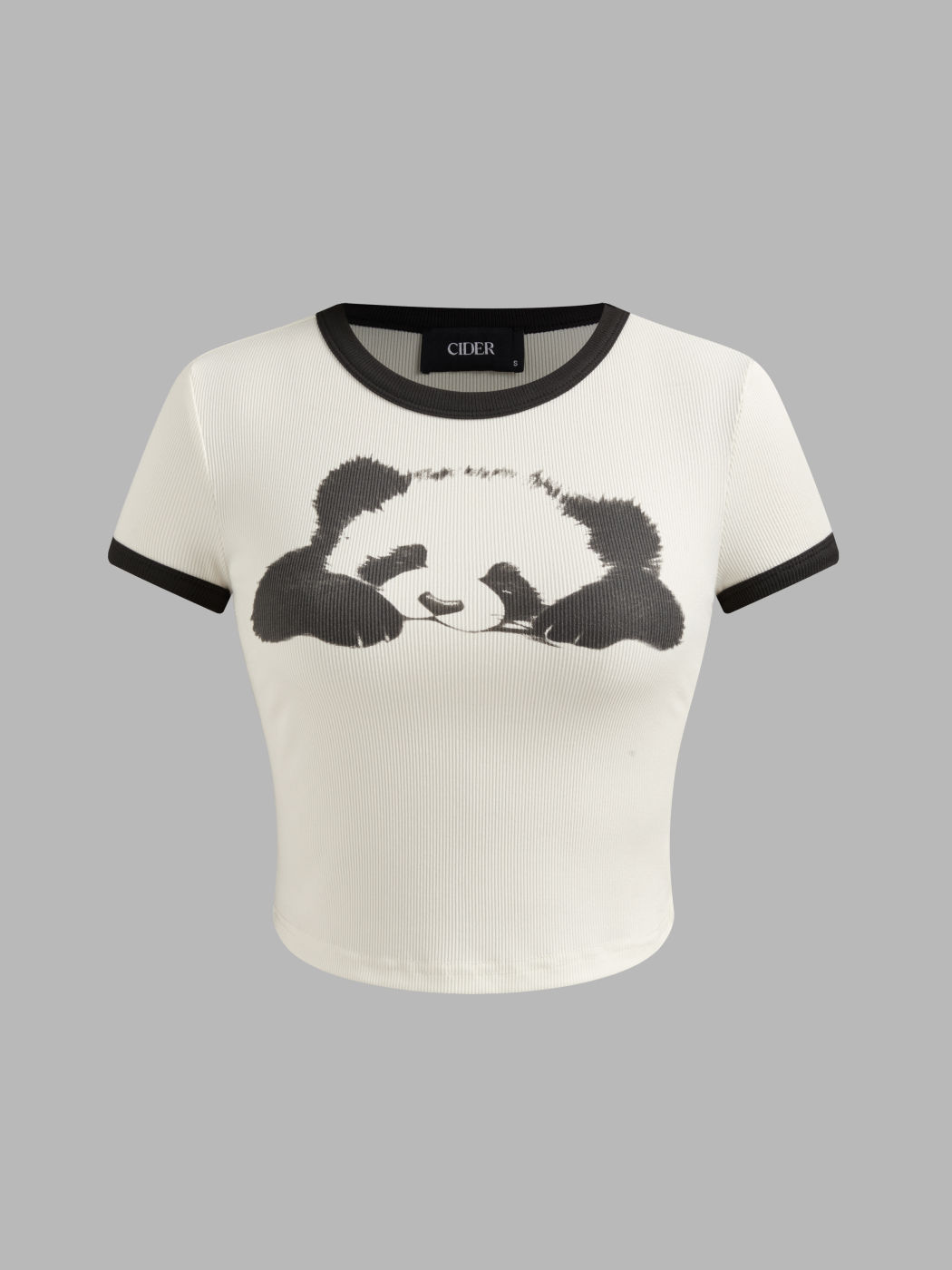 Kurzärmliges Rundhals-T-Shirt mit Panda-Grafik und kontrastierendem Bund Crop