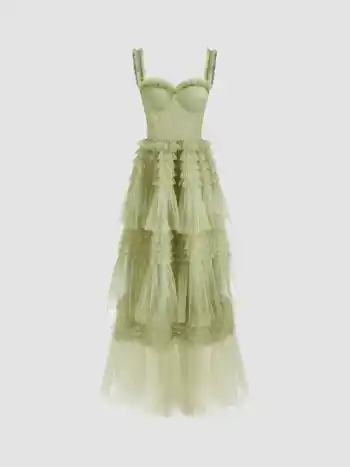 Woven Corset Layered Tulle Ruffle Maxi Dress