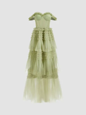 Woven Corset Layered Tulle Ruffle Maxi Dress