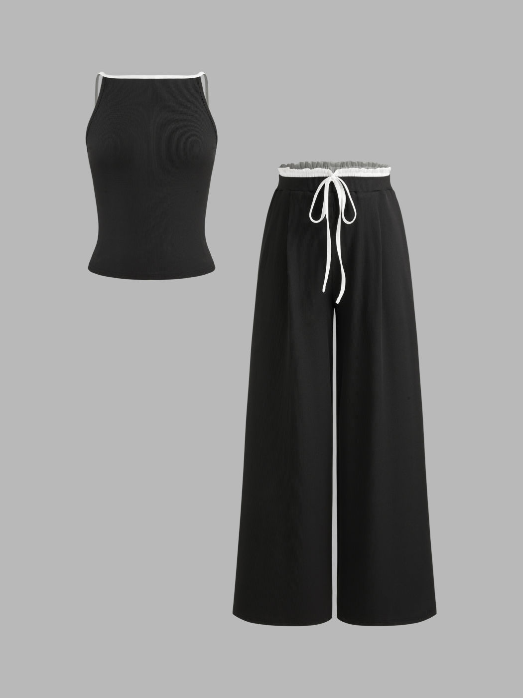 Square Neck Solid Contrasting Binding Tank Top & Mid Rise Wide Leg Trousers