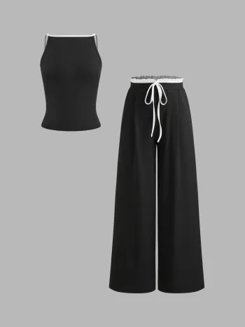 Quadratischer Ausschnitt Einfarbiges Tanktop mit kontrastierender Einfassung & Hose mit weitem Bein und mittlerer Leibhöhe