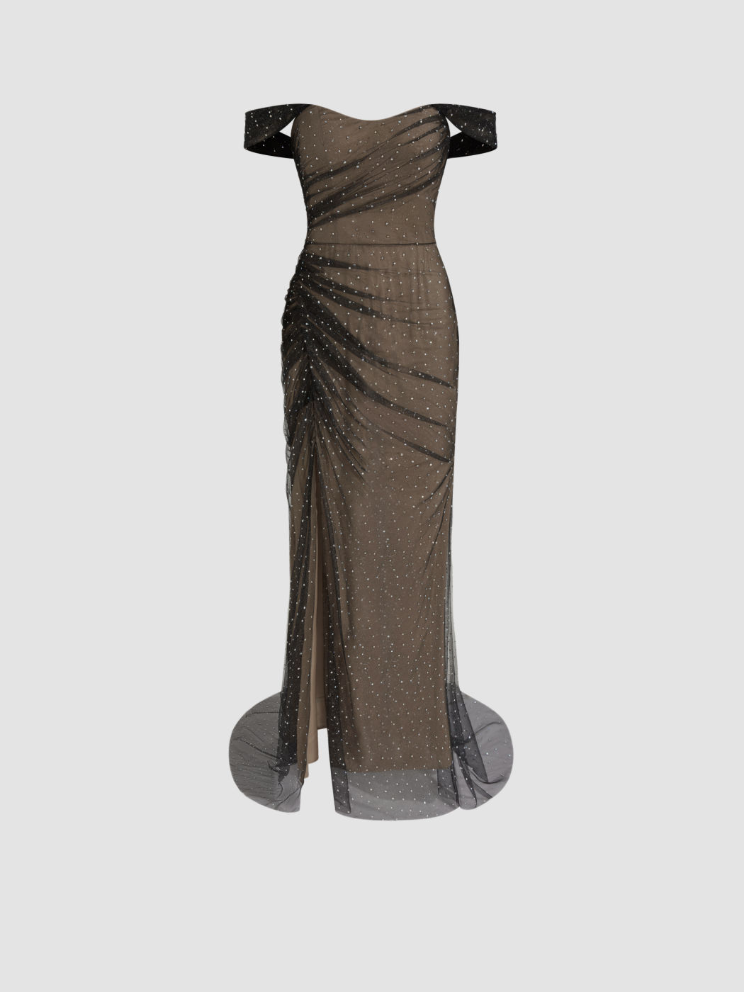 Mesh Off-shoulder Solid Rhinestone Rucned Split Maxi Dress
