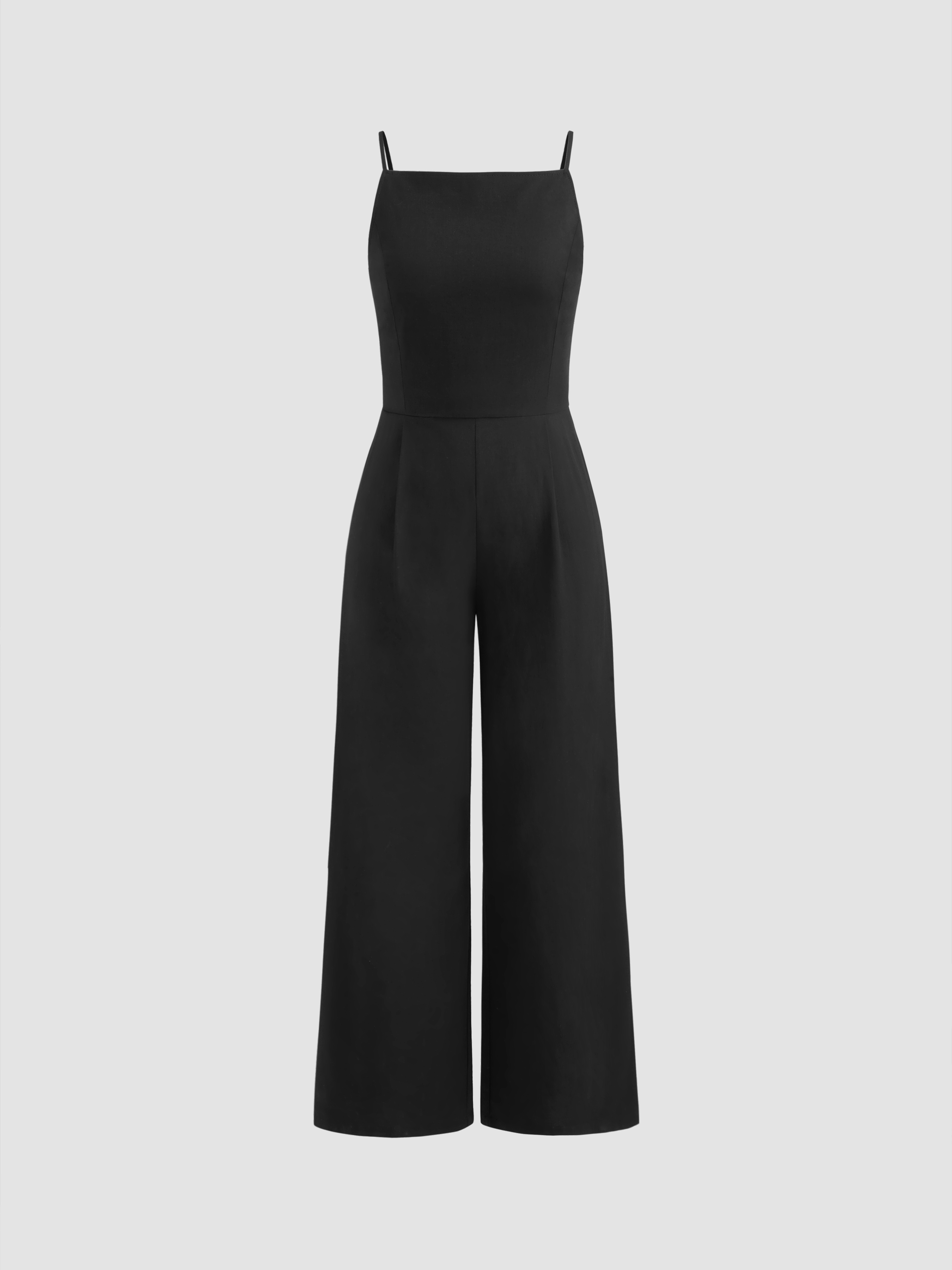 Woven Cotton-blend Square Neck Solid Shirred Jumpsuit For Work