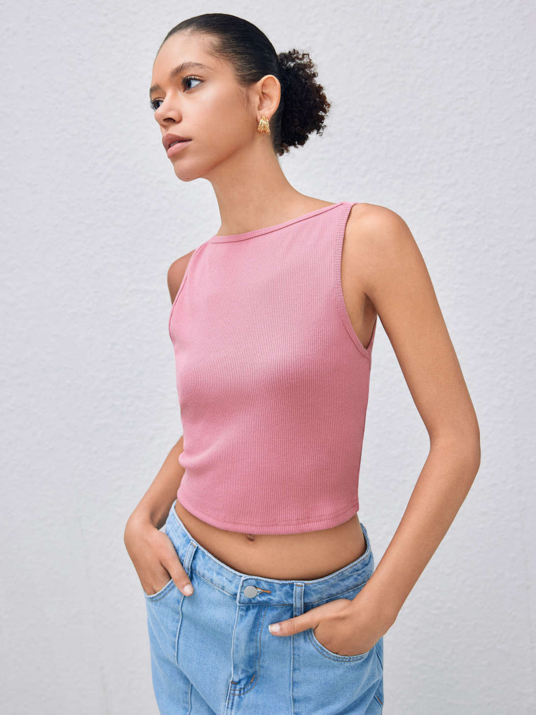 Tessuto in maglia Canotta solida con scollo a barca For Casual per