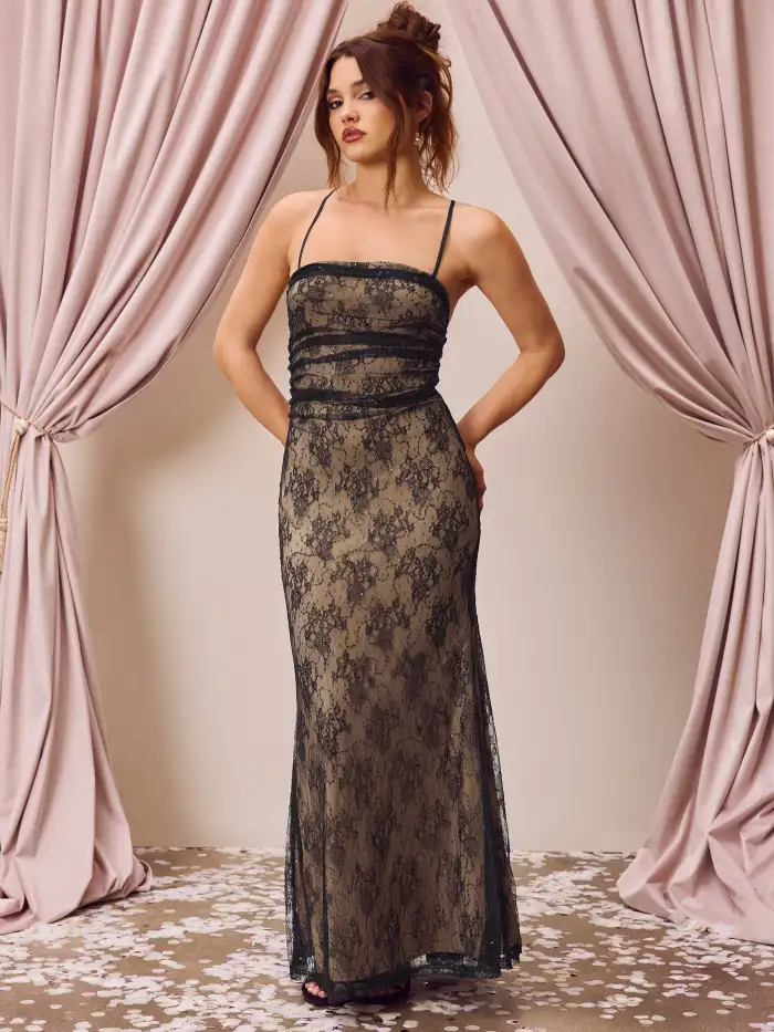 Formal Dresses Wedding Guest Dress Lace Sequins Floral Lace Sequin Square  Neck Criss Cross Maxi Dress For Date Party/Clubbing
