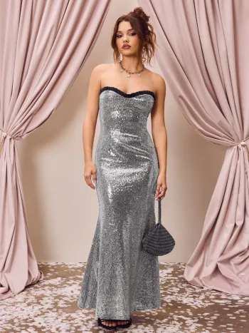 Sequin Strapless Contrasting Binding Lettuce Trim Maxi Dress