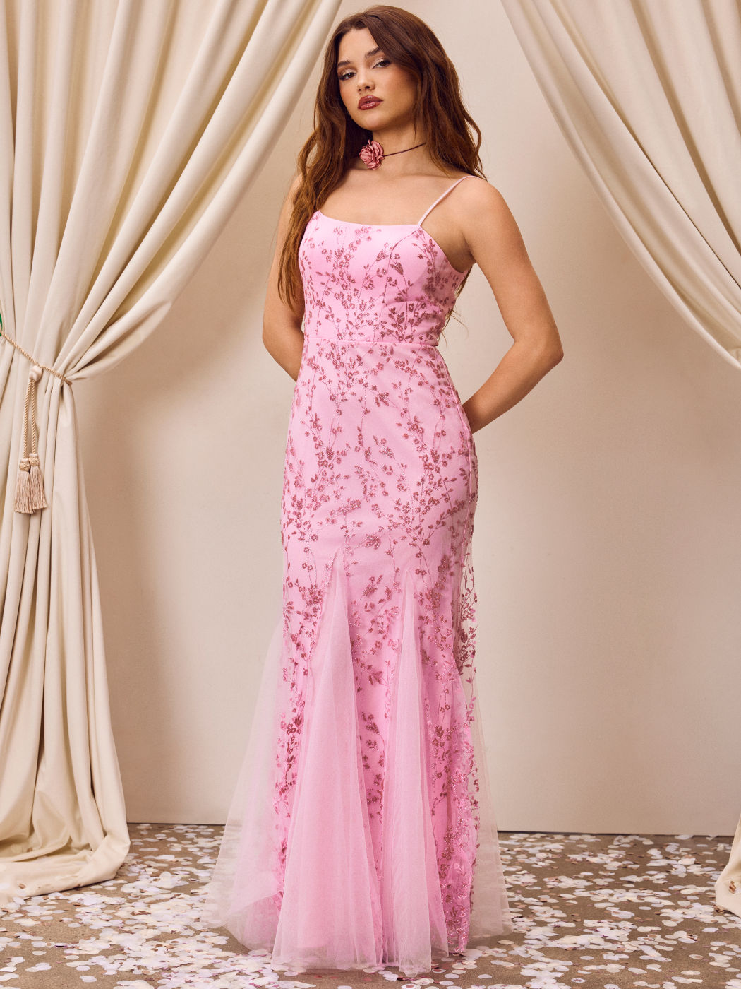 Mesh Pailletten Blumen Rüschen Meerjungfrau Maxikleid