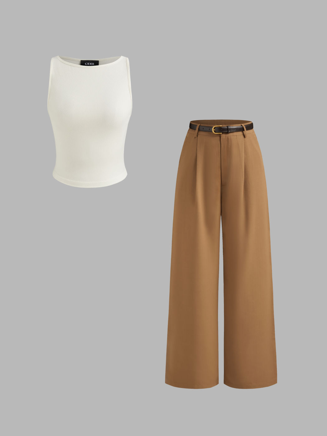 Boat Neck Solid Tank Top & Wide Leg Trousers With Belt