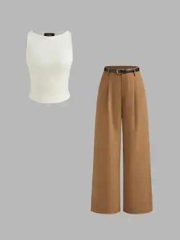 Canotta solida con scollo a barca e pantaloni a gamba larga con cintura