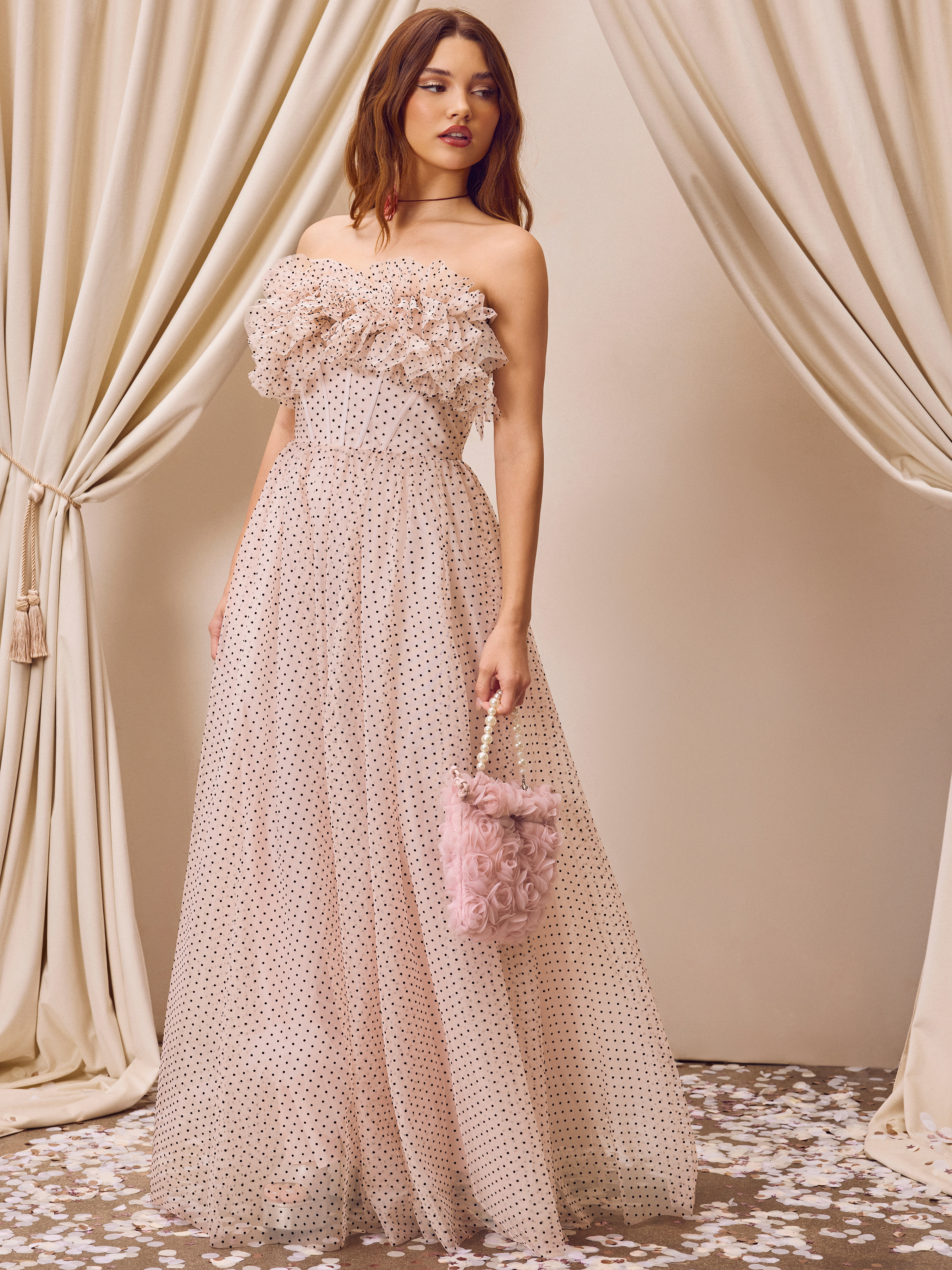 Mesh Strapless Polka Dot Tulle Ruffle Hem Maxi Dress