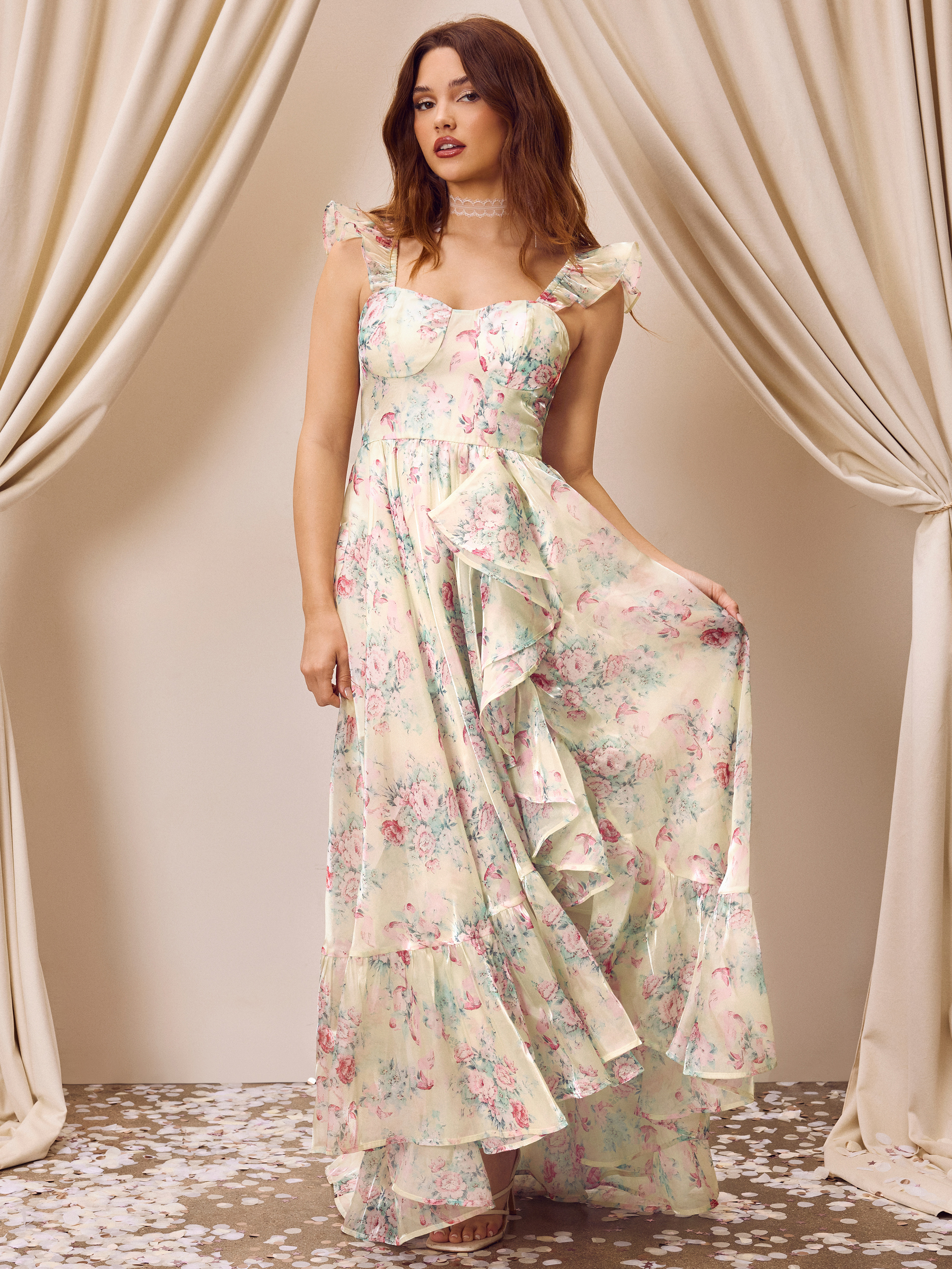 Formal Dresses Wedding Guest Dress Woven Sweetheart Floral Ruffle Hem Maxi Dress For Date