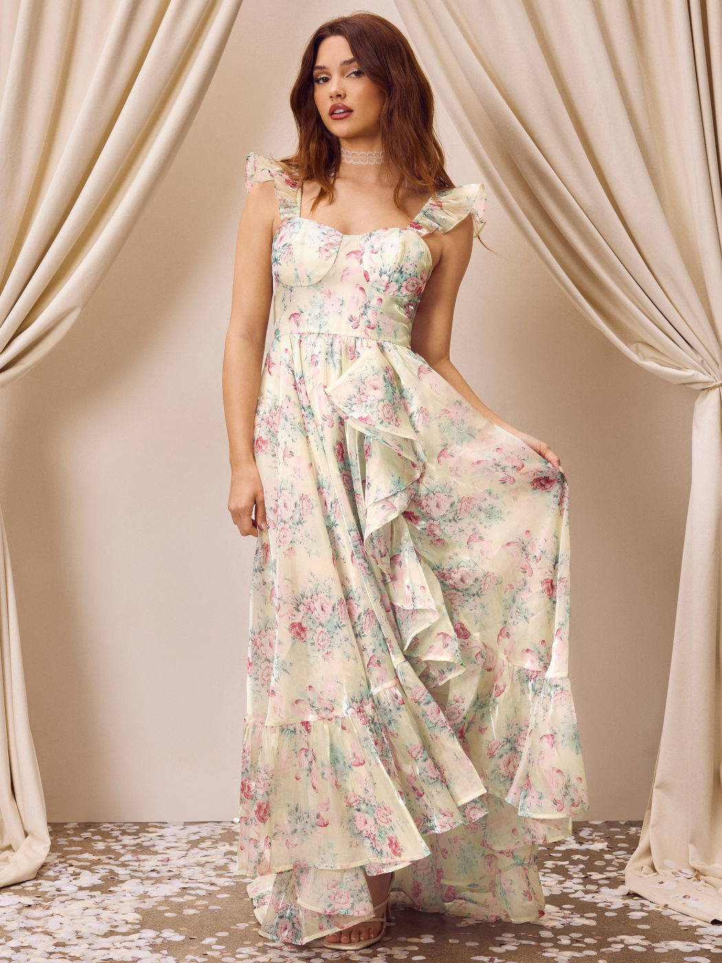 Sweetheart Floral Ruffle Hem Maxi Dress