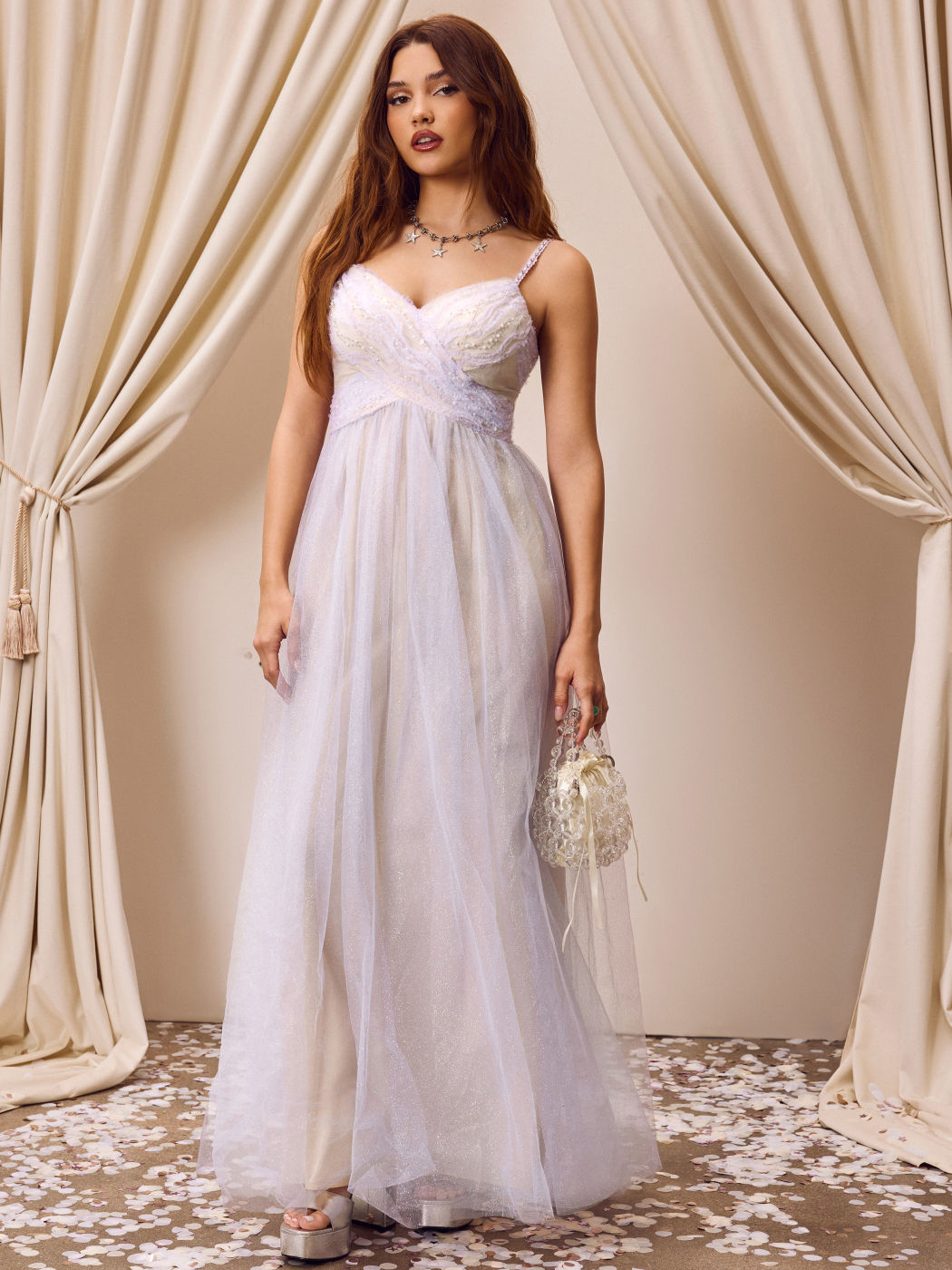 Mesh V-neck Pearl Tulle Ruched Maxi Dress