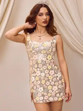 Floral Sequin Scoop Neckline Split Mini Dress