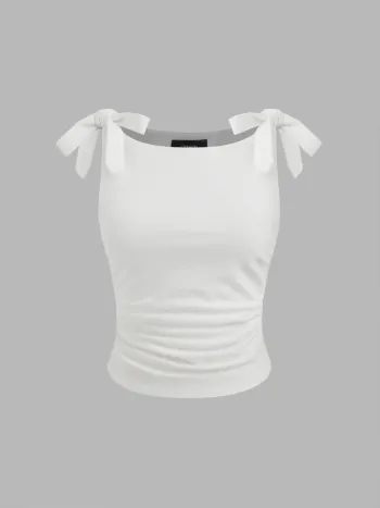 Jersey-Scoop-Halslinie einfarbig mit Schleife und Rüschen Kurzarm-Tank-Top
