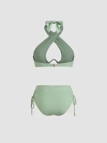 Solid Criss Cross Halter Underwire Bikini Set