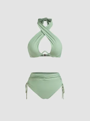 Solid Criss Cross Halter Underwire Bikini Set