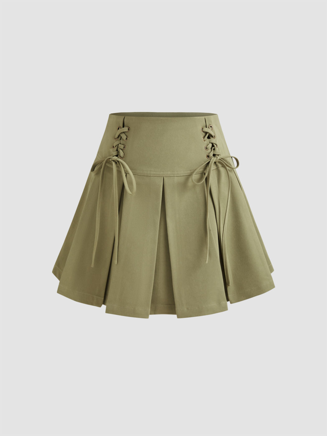 Woven High Rise Solid Pleated Lace Up Mini Skirt