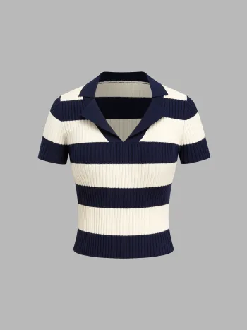 Gestreifter Strick-Polo-Shirt mit kurzen Ärmeln