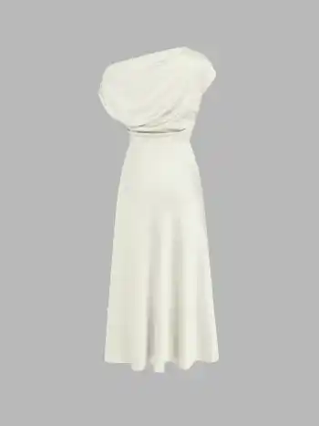 Robe longue asymétrique à col bateau et volants