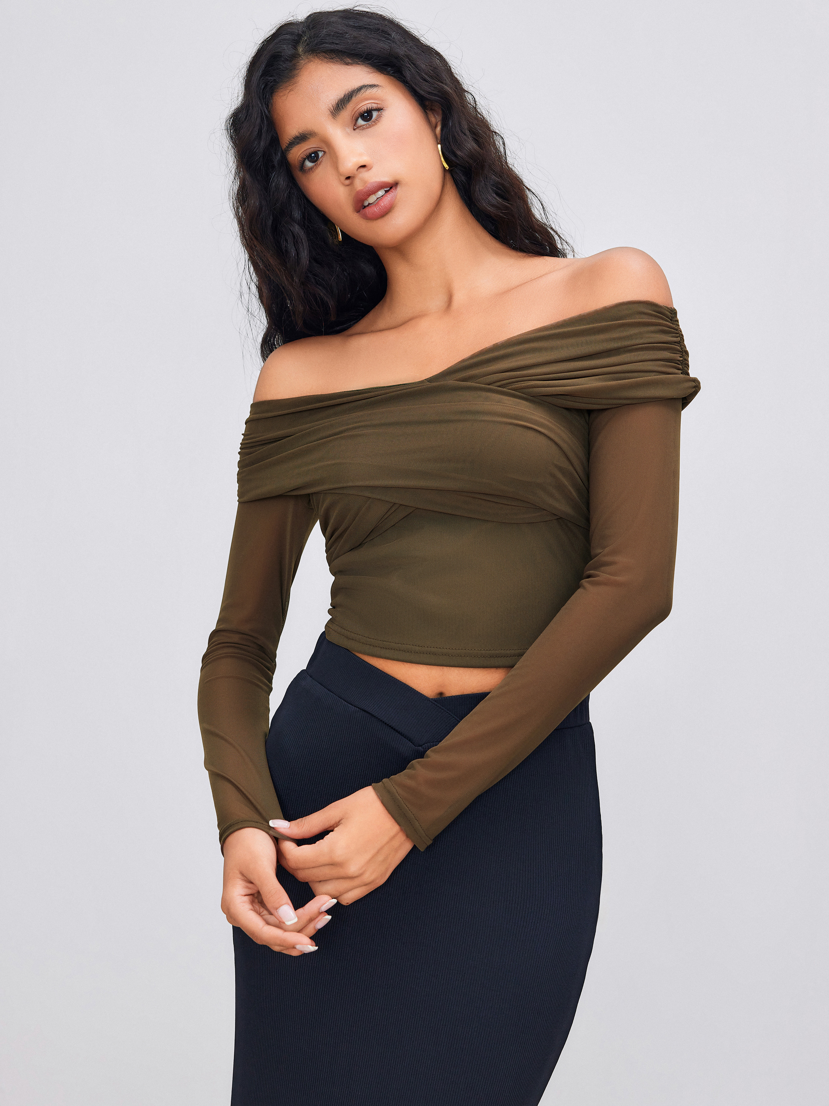 Mesh Mesh Off-shoulder Criss Cross Ruched Crop Long Sleeve