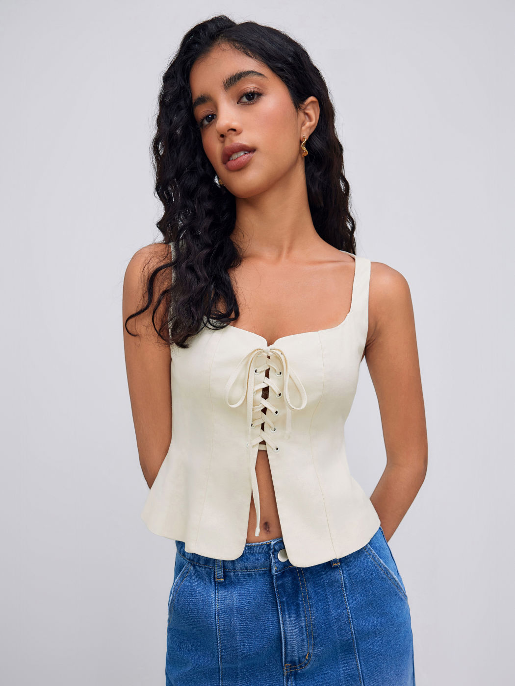 Linen-blend Scoop Neckline Lace Up Solid Tank Top