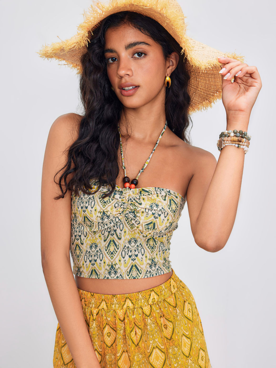 Gewebtes Perlen Halter Paisley Gerafftes Geshirrtes Crop Top
