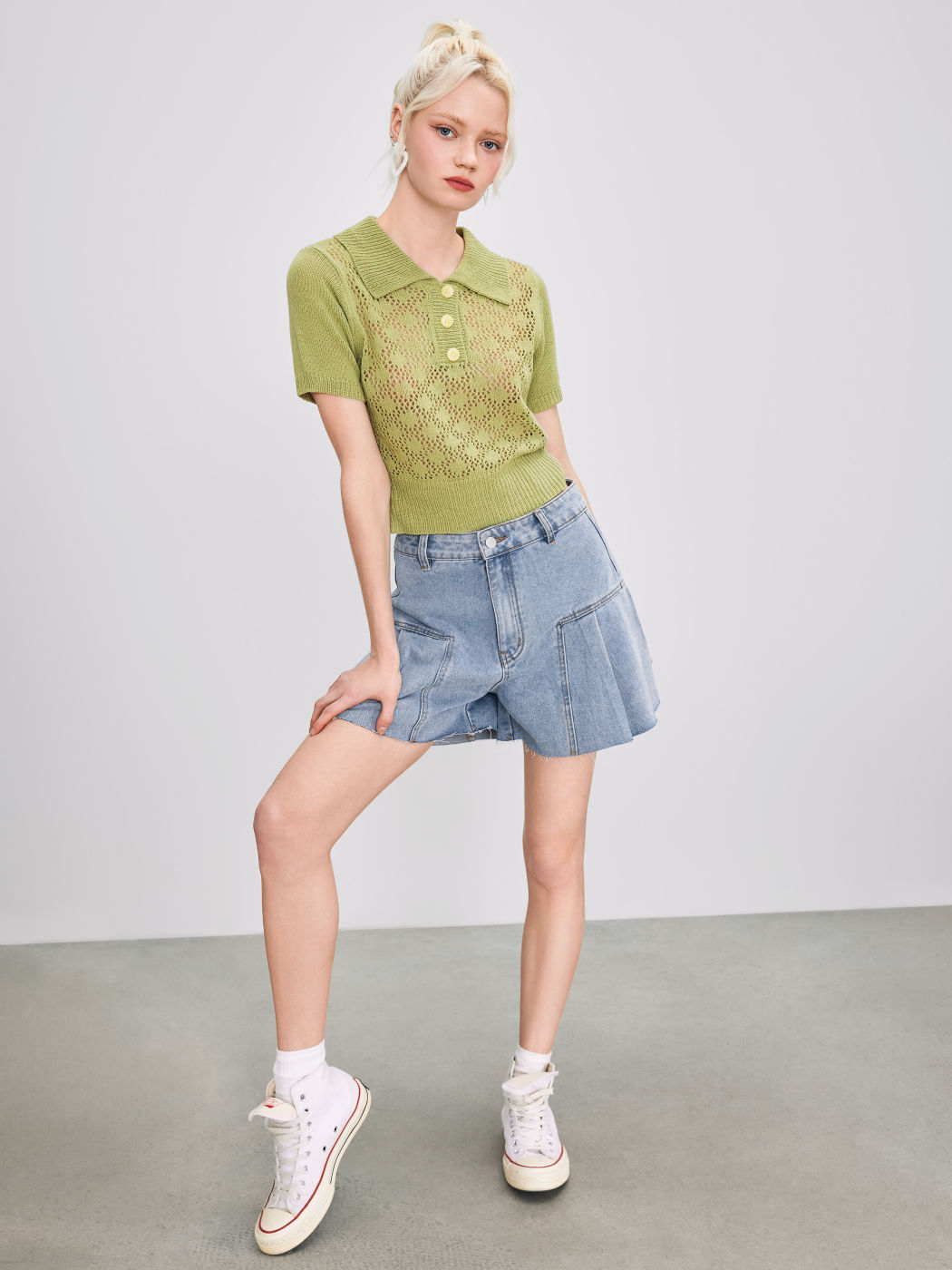 Cider Denim High Rise Pleated Wide Leg Shorts