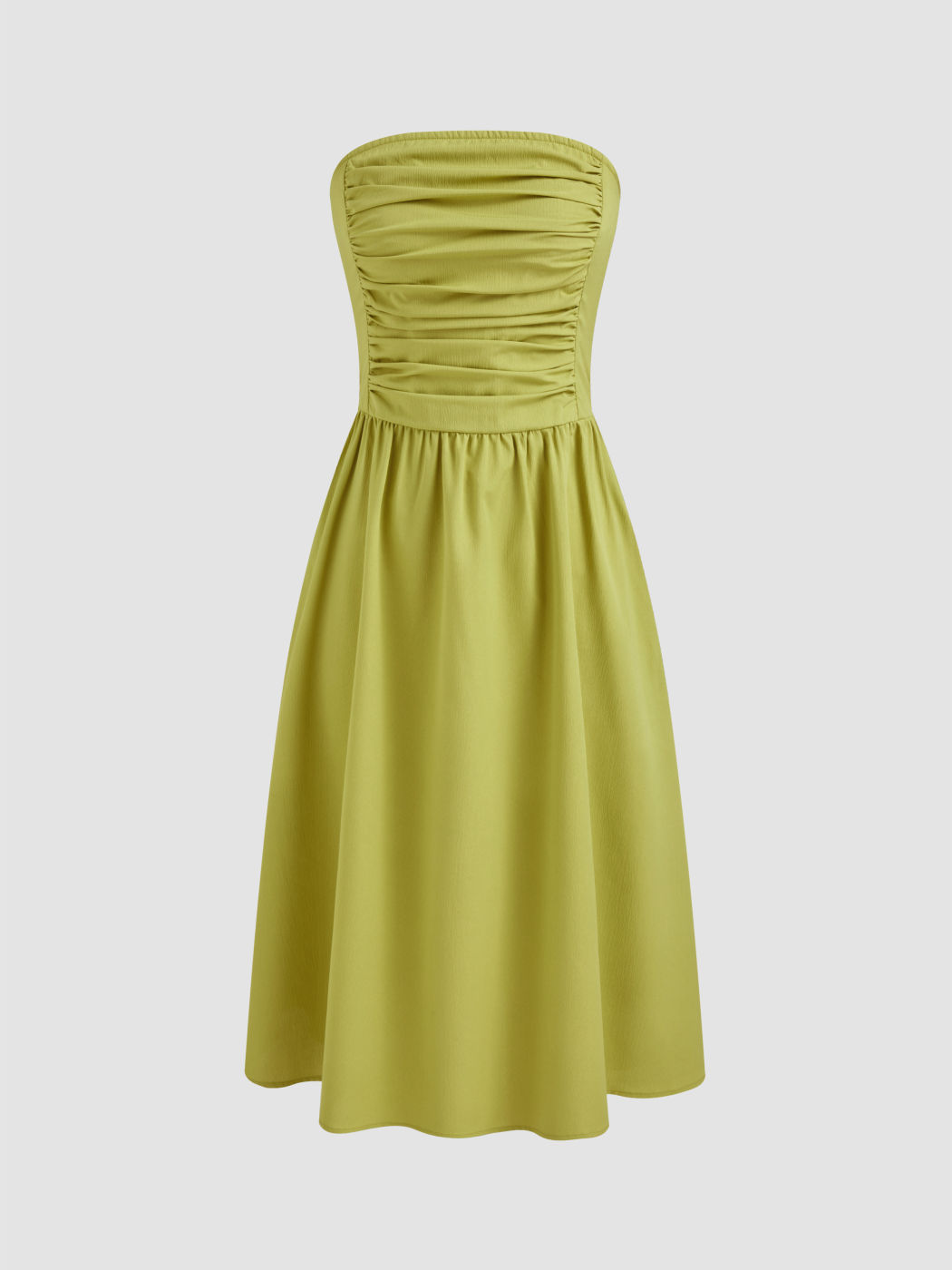 Strapless Ruched Shirred Tube Midi Dress