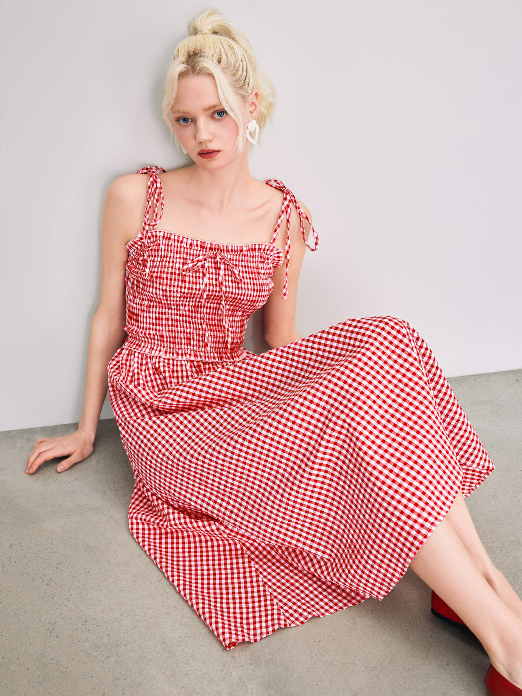 Square Neck Gingham Shirred Knotted Midi Dress