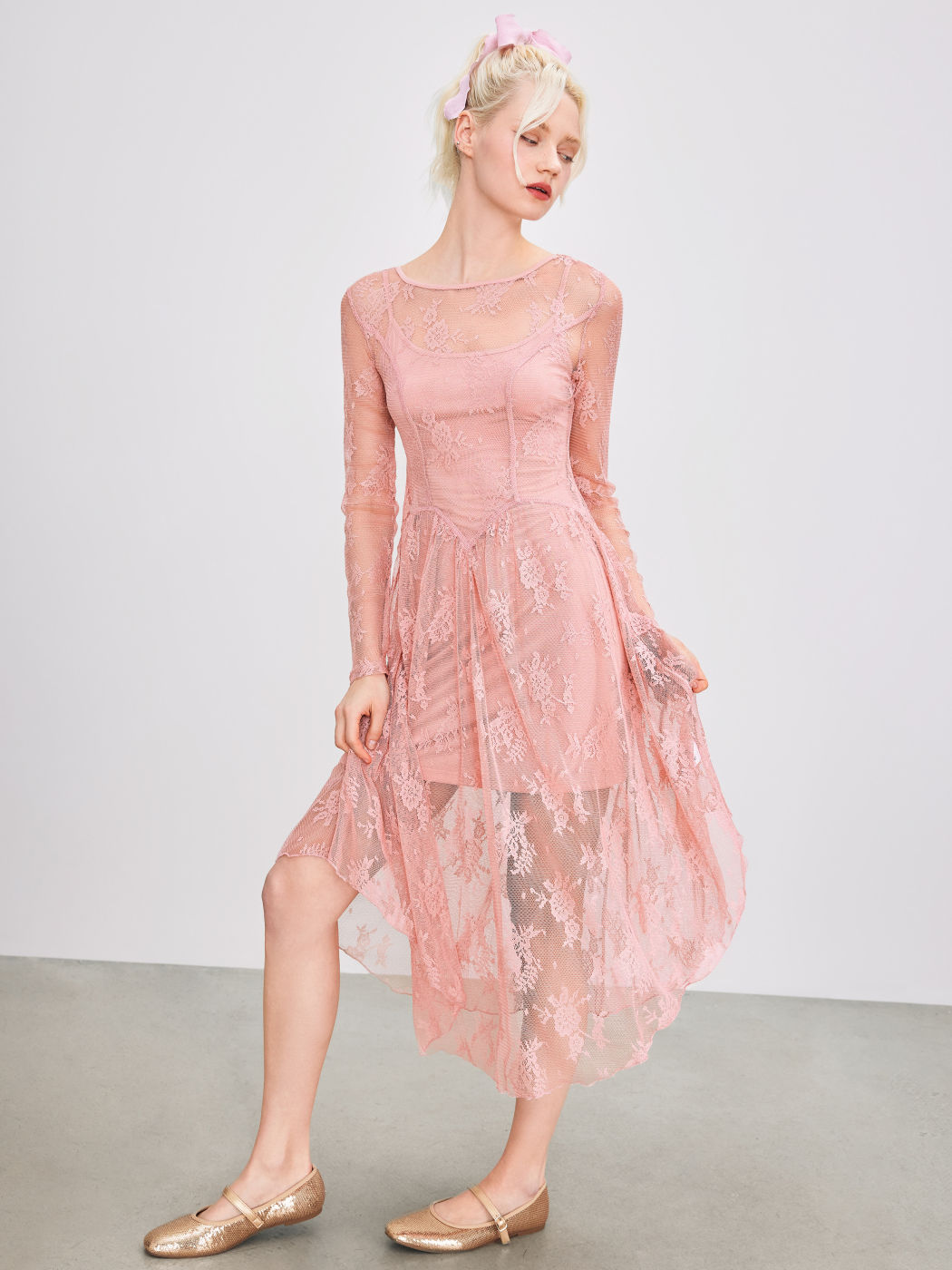 Lace Round Neck Tulle Asymmetrical Hem Midi Dress & Solid Cami Mini Dress