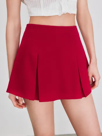 High Rise Pleated Zipper Solid Mini Skort