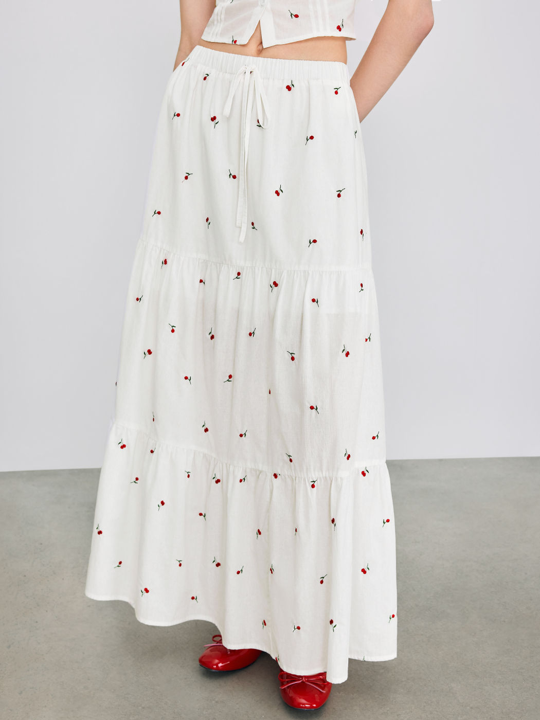 High Rise Cherry Embroidery Knotted Maxi Skirt