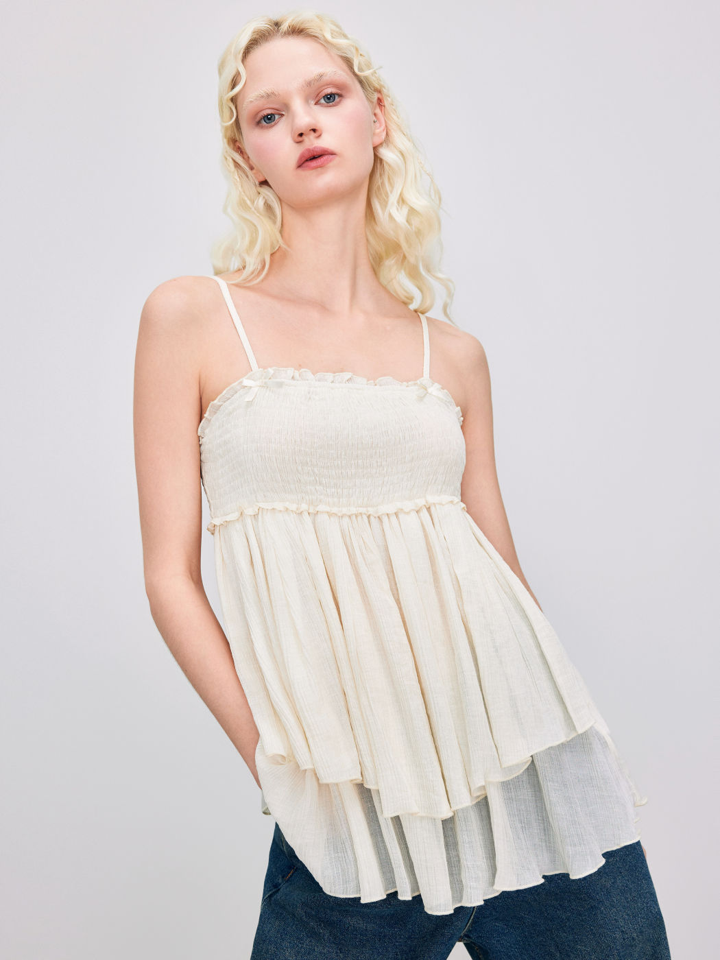 Square Neck Solid Bowknot Ruffle Hem Cami Top