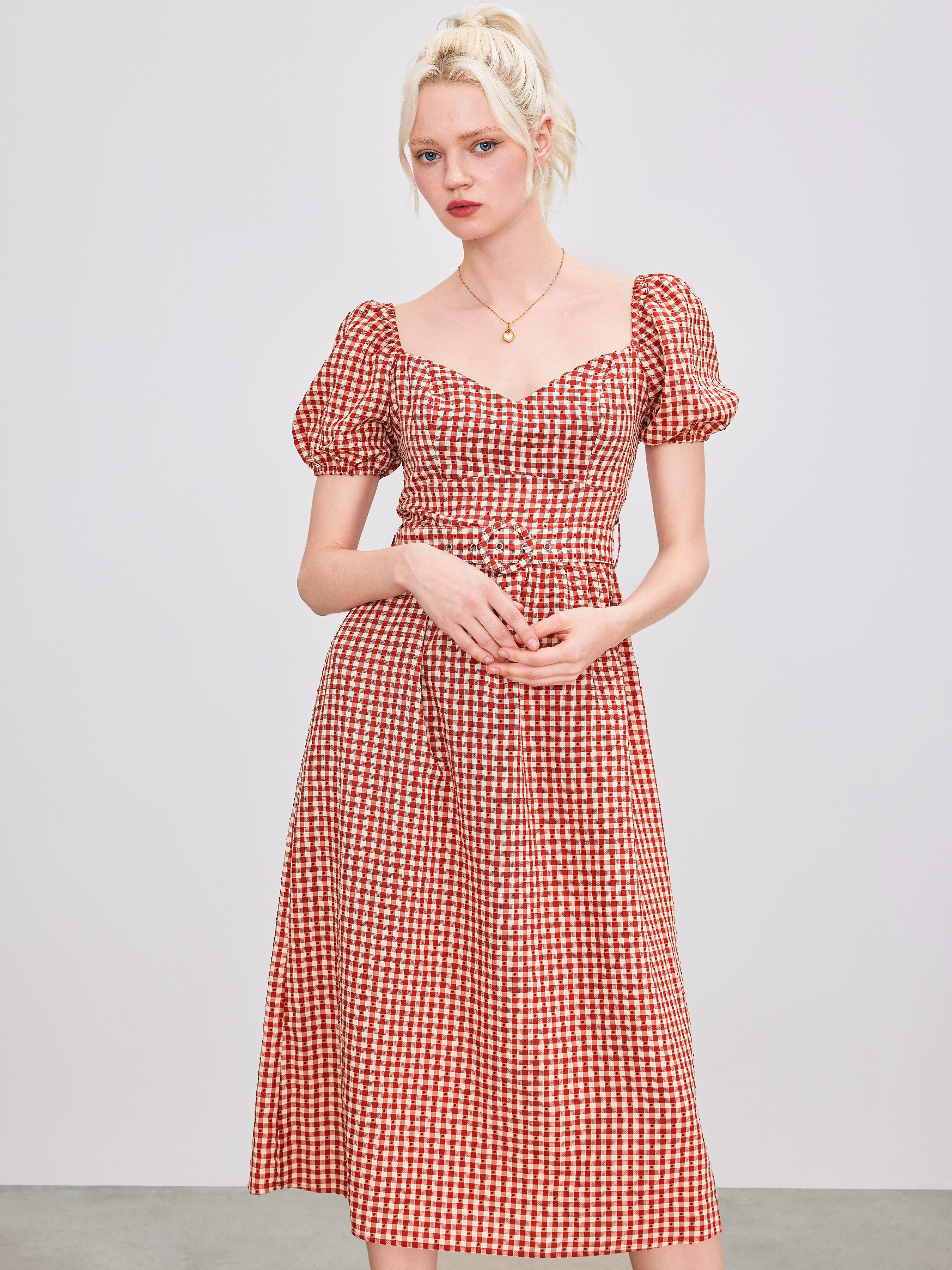 ミストレアス GinghamCheck HeartNeckTieredDress Woven Woven V-neck Gingham Shirred Maxi Dress With Belt For