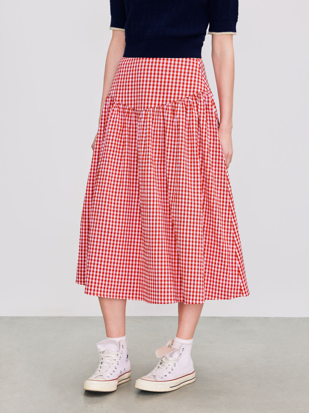 Tief sitzende Gingham-Zipper-Midiskirt