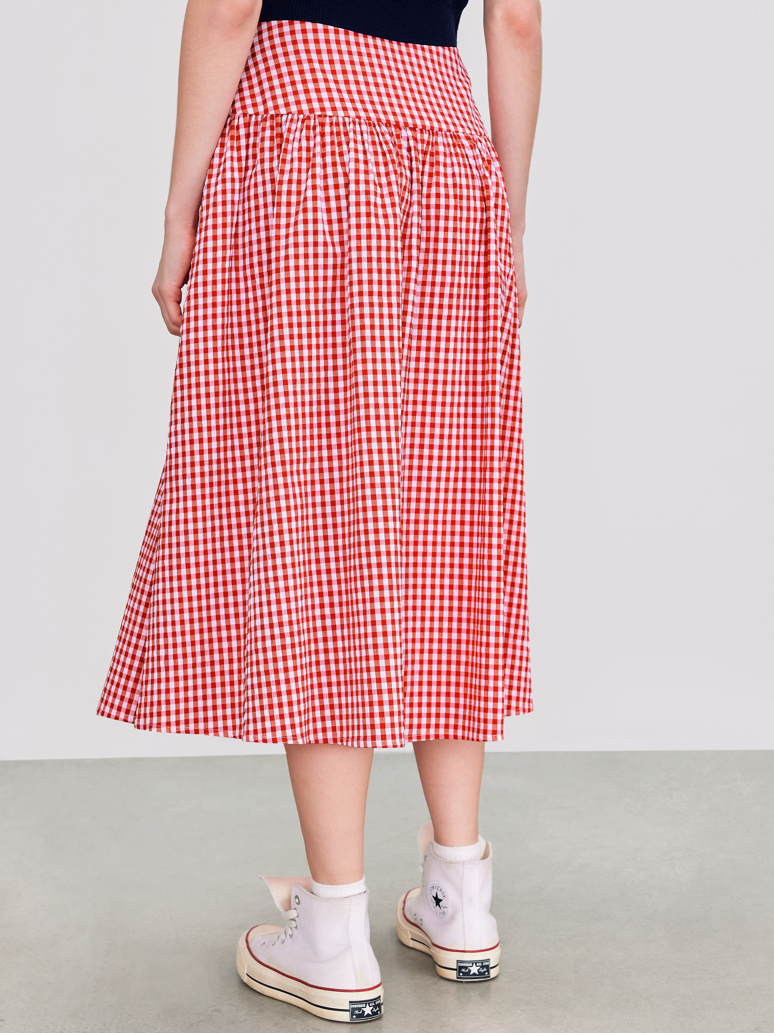 Long Skirts Woven Low Rise Gingham Zipper Midi Skirt For