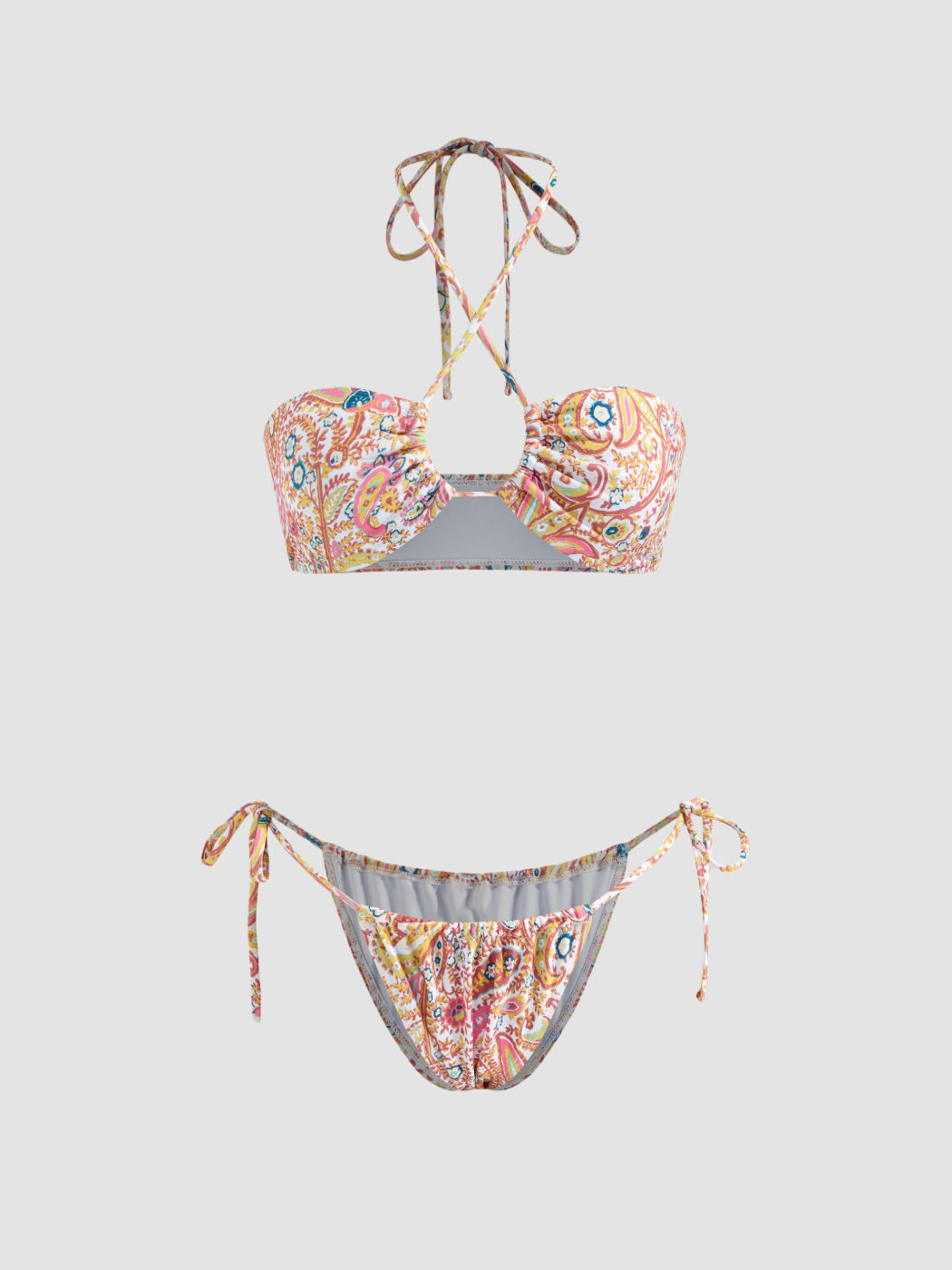 Halter Colorful Floral Cut Out Bracelet Tie Side Bikini Swimsuit