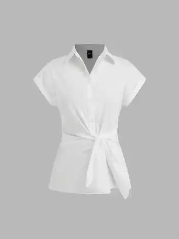 Woven Collar Solid Knotted Short Sleeve Shirt