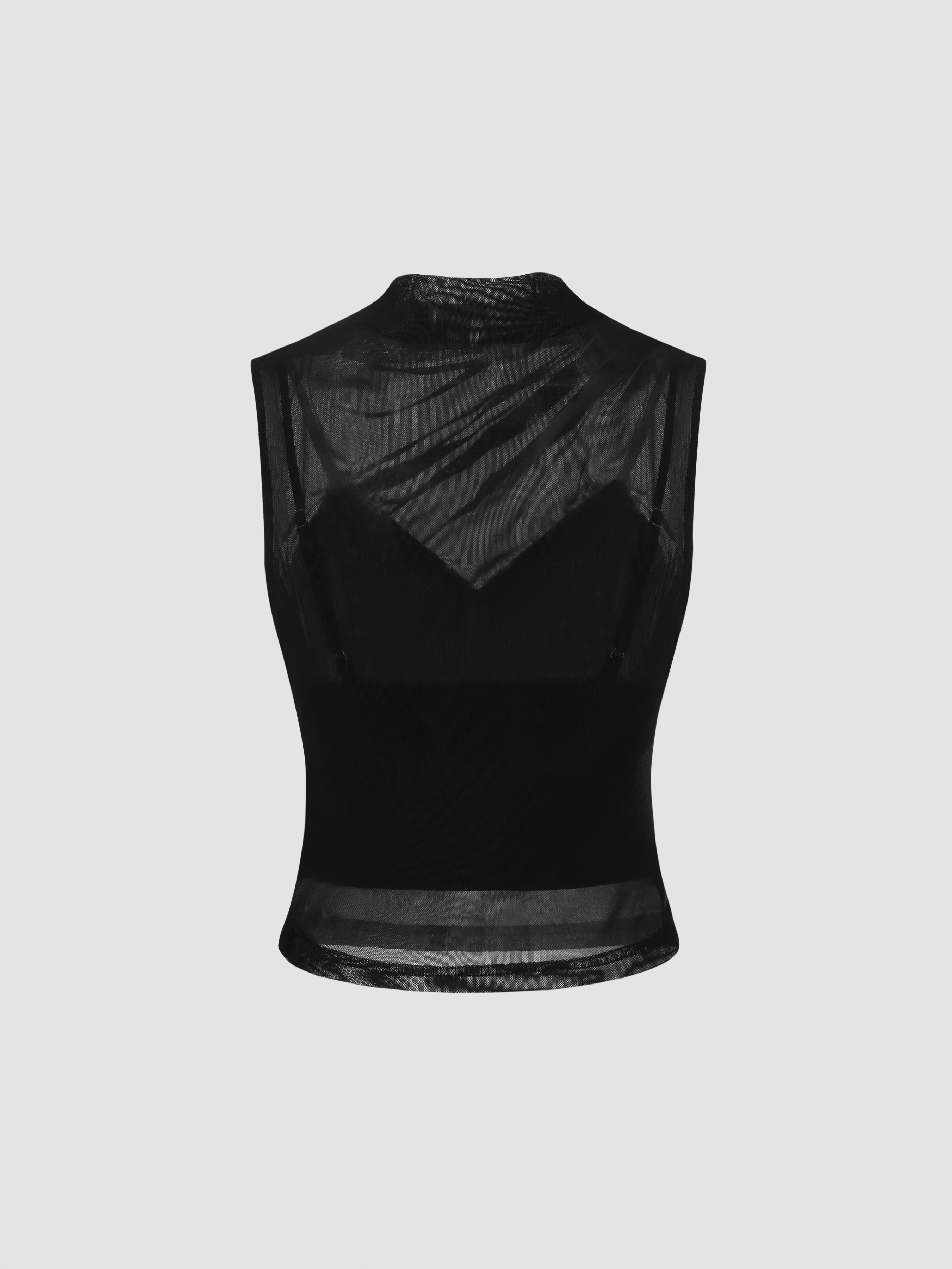 Mesh High Neck Solid Tank Top & Crop Cami Top