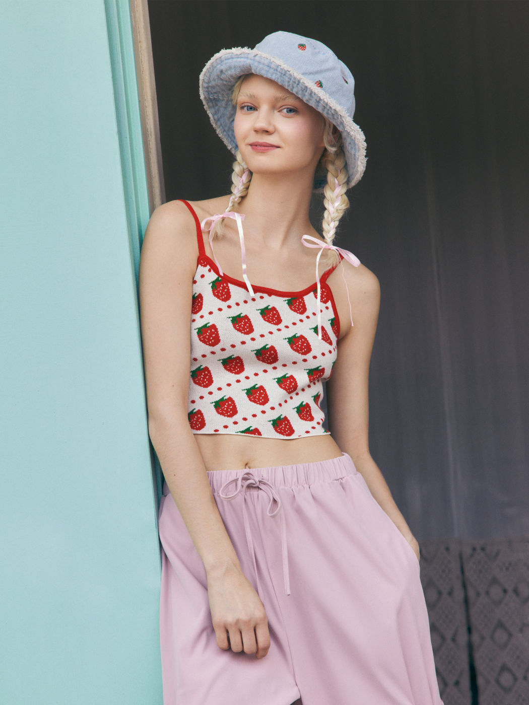 Knitted Scoop Neck Strawberry Crop Cami Top