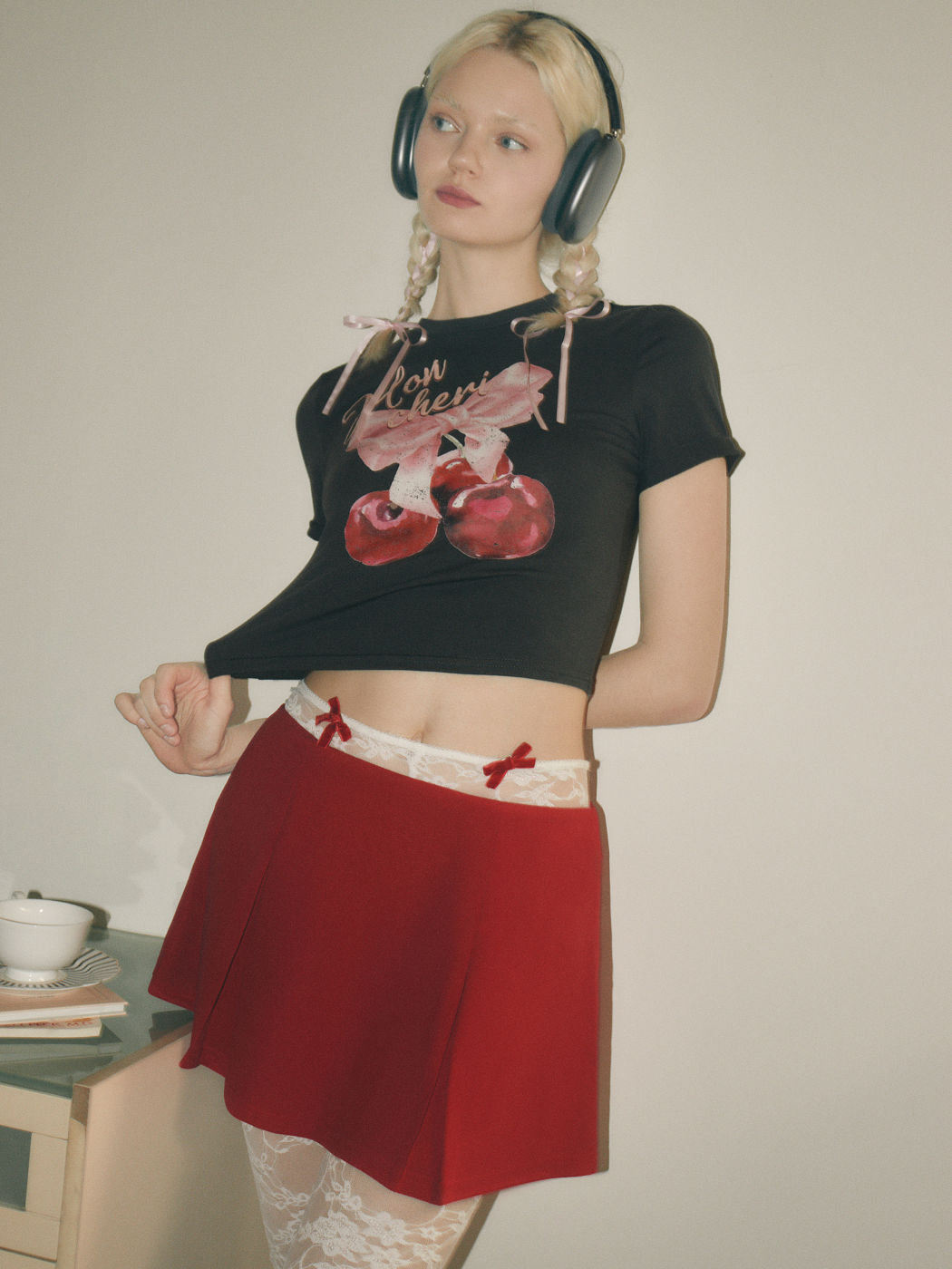 Round Neck Bowknot & Cherry Graphic Crop Short Sleeve Tee