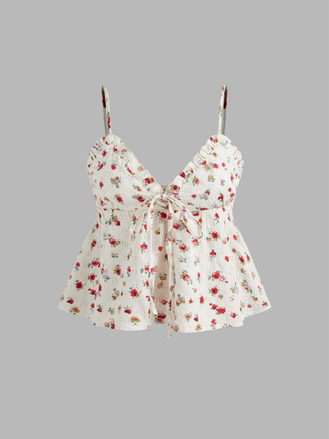 Woven V-neck Floral Lettuce Trim Knotted Cami Top