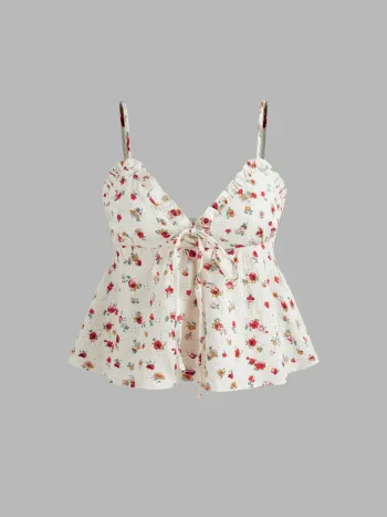 Woven V-neck Floral Lettuce Trim Knotted Cami Top