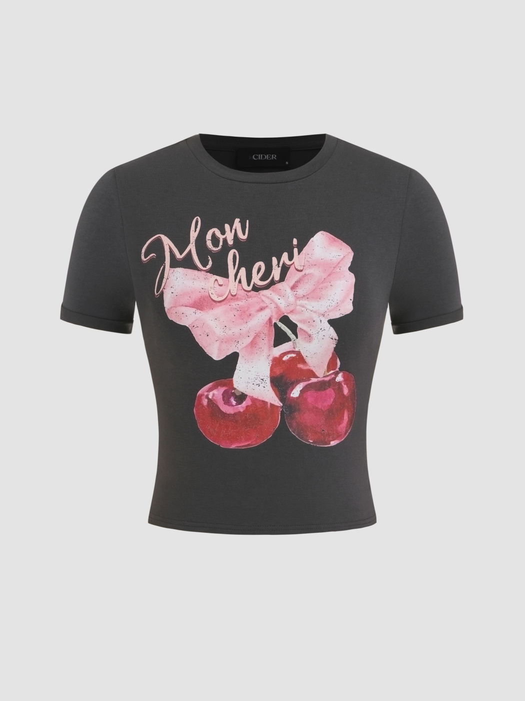 Round Neck Bowknot & Cherry Graphic Crop Short Sleeve Tee
