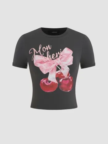 Rundhals Schleife & Kirschen Grafik Crop Kurzarm T-Shirt