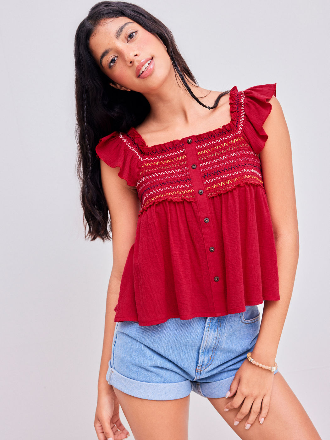 Bluse mit quadratischem Ausschnitt, Wellenstreifen, Rüschen und gerafftem Saum mit kurzen Ärmeln