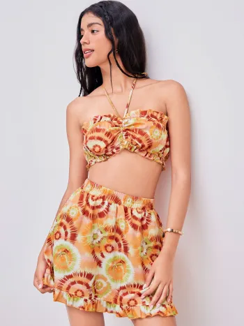 Woven Halter Floral Crop Top & Lettuce Trim Mid Rise Mini Skirt