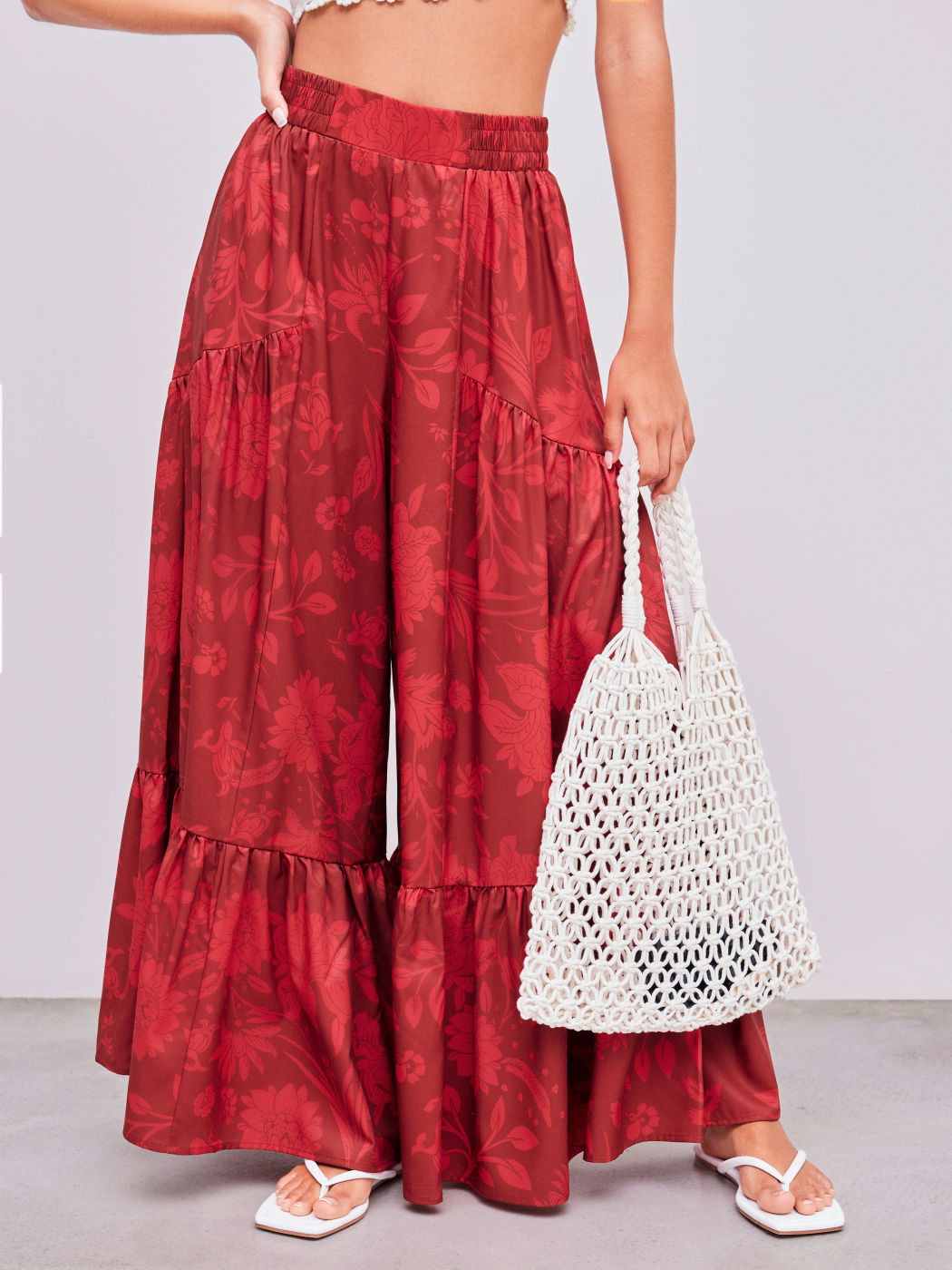 Woven Mid Rise Floral Wide Leg Trousers